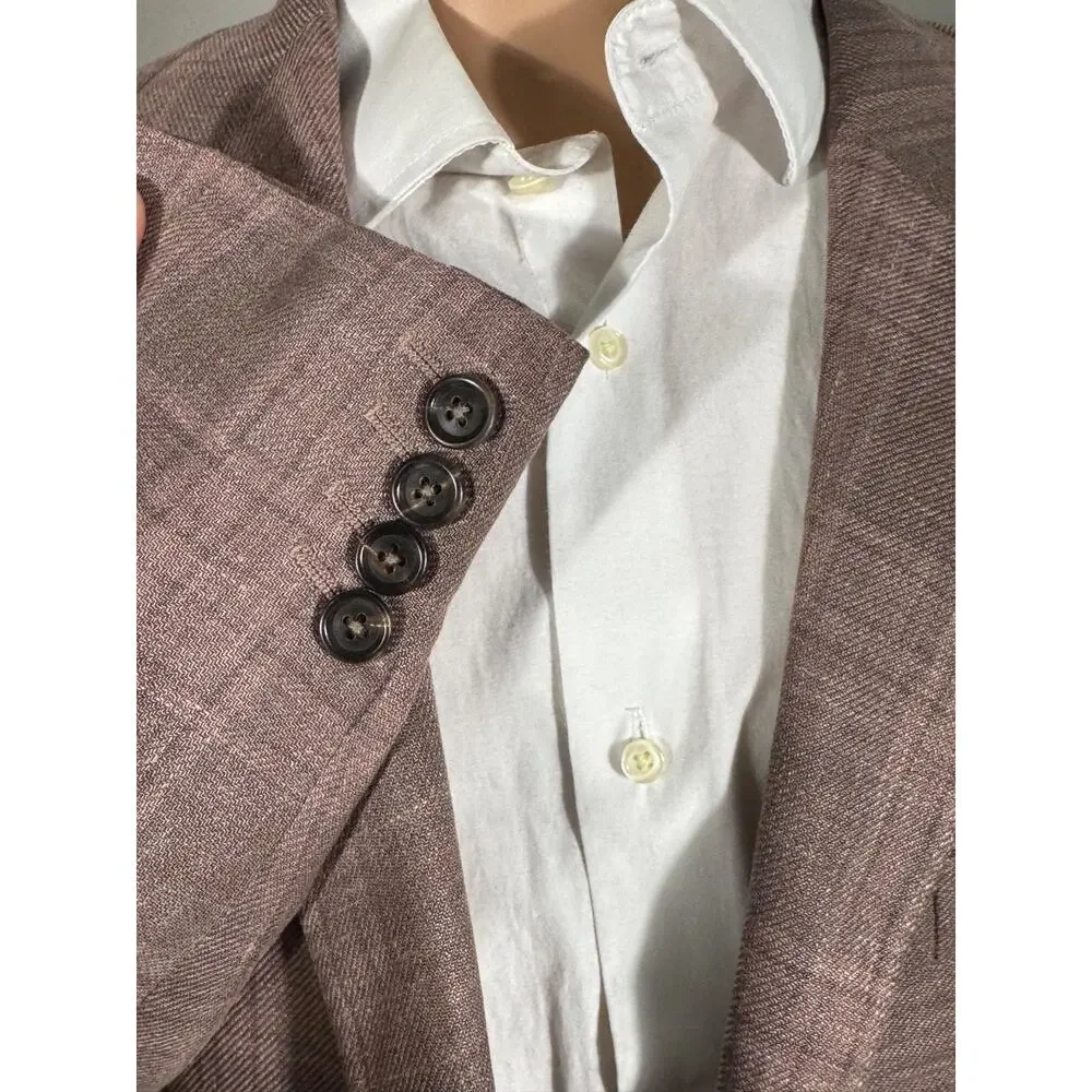 Brunello Cucinelli Peach Taupe Plaid Blazer Sport Jacket 52 IT 42R US Linen Silk